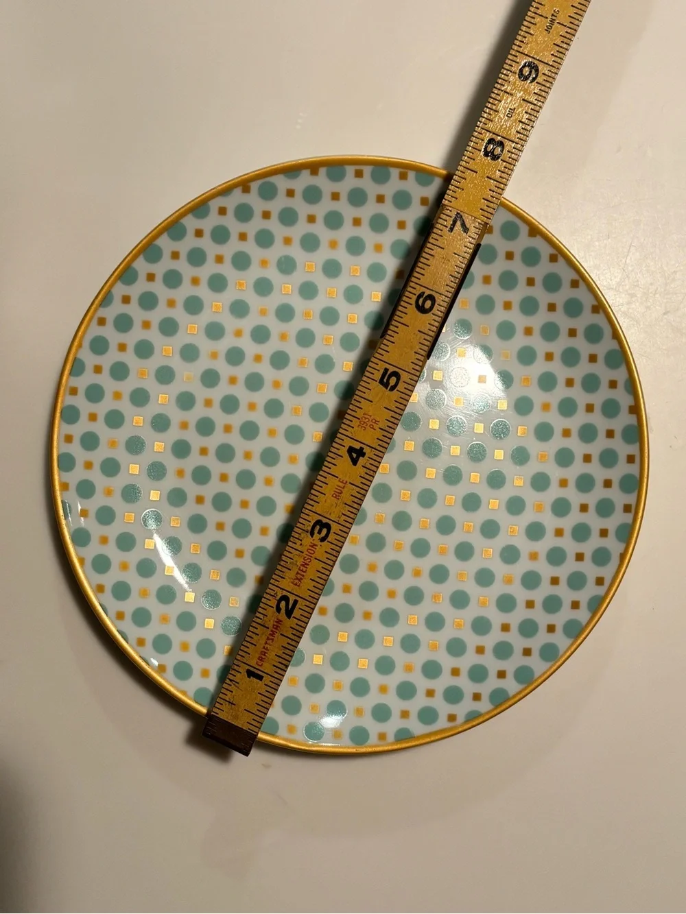 10 Strawberry Street Aqua Polka Dot Gold Accent Salad Dessert Plate 7.5”